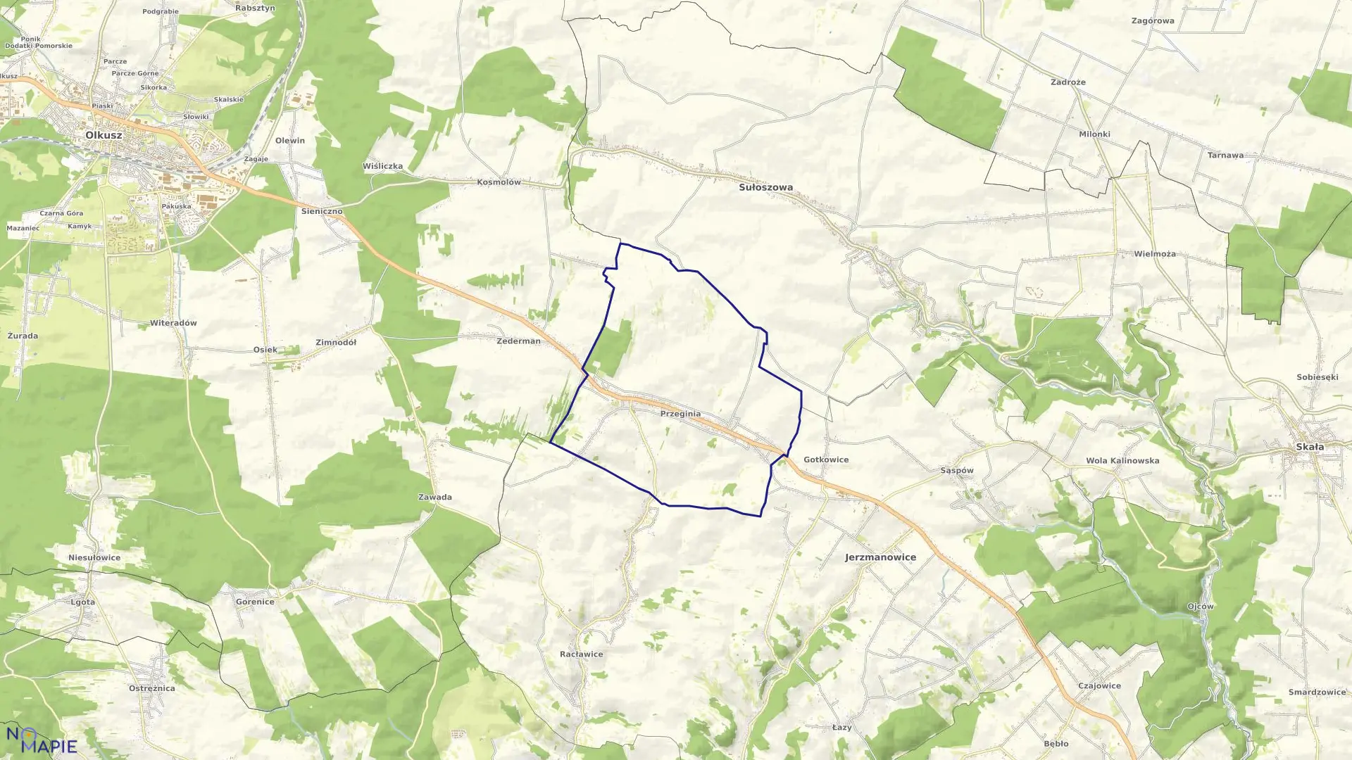 Mapa obrębu Przeginia w gminie Jerzmanowice-Przeginia